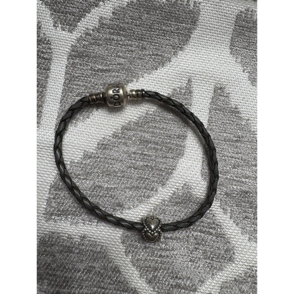 Gorgeous PANDORA Leather Charm Bracelet 925 Sterling Silver With Heart Charm‎